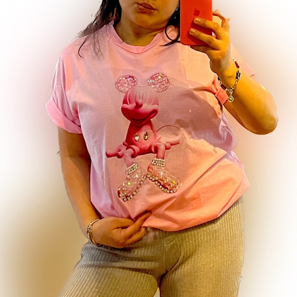 THE SITTING MICKEY Mouse Graphic Figure Top Jewelled Shirt Metallic Figurine Tee